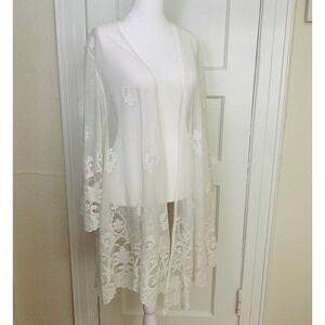 me & u Kimono White Lace Mesh Floral Embroidered Open Front Duster / Size 2X
